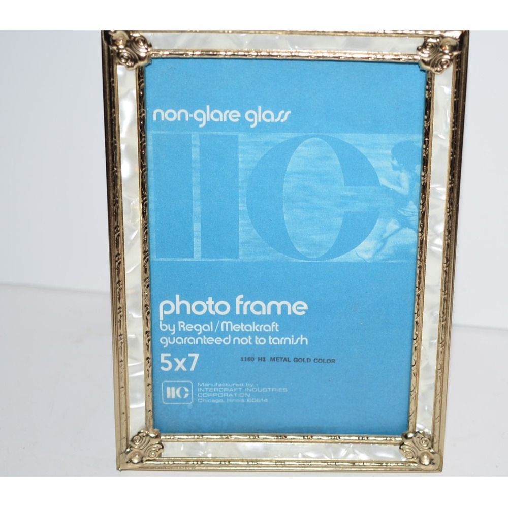 Vtg Brass Faux Mother of Pearl 5X7 Ornate Picture Photo Metal Frame Gold Trim